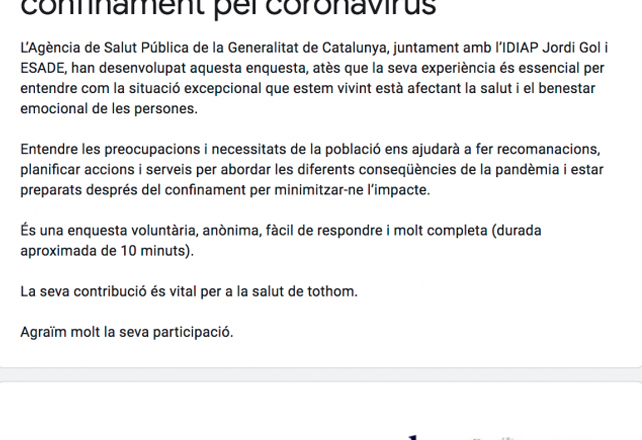 Salut llença una enquesta per estudiar els efectes del confinament sobre la població
